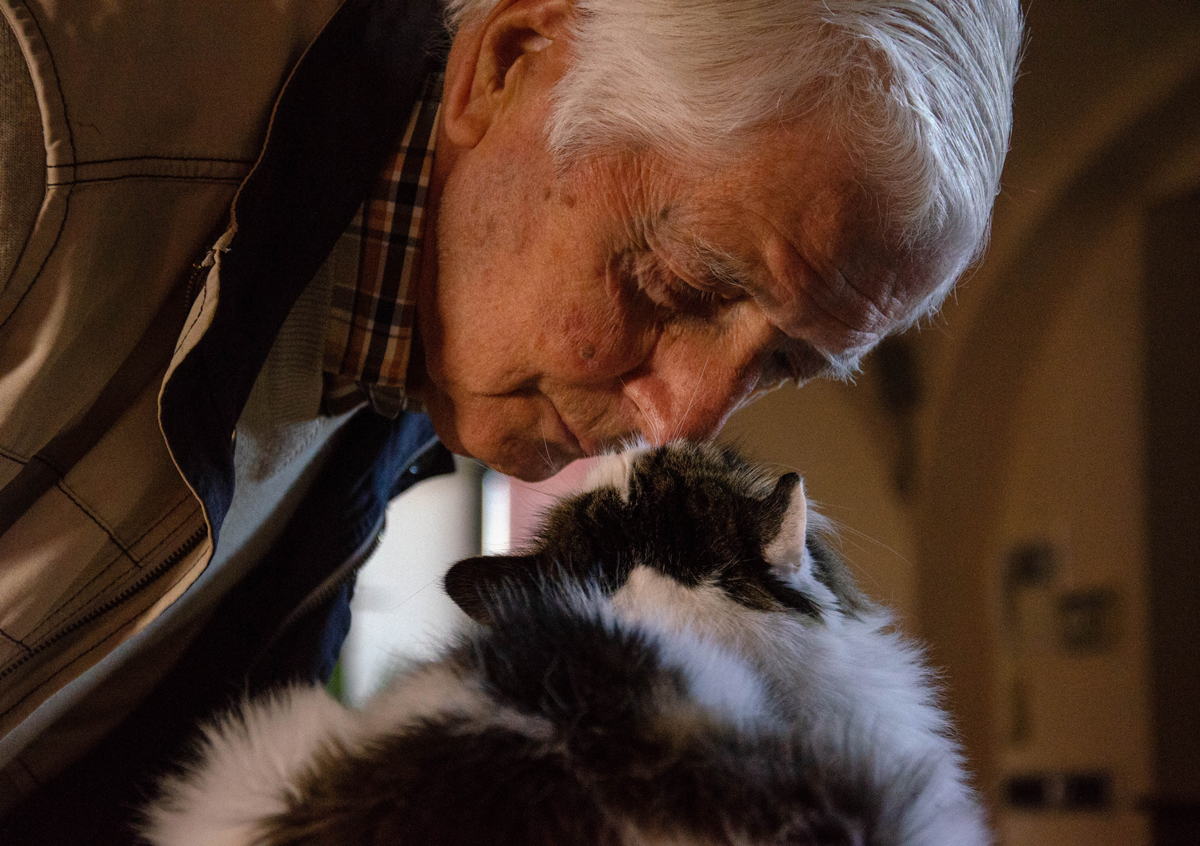 senior and cat playing