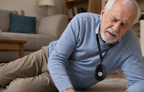 Senior wearing a medical alert pendant at home